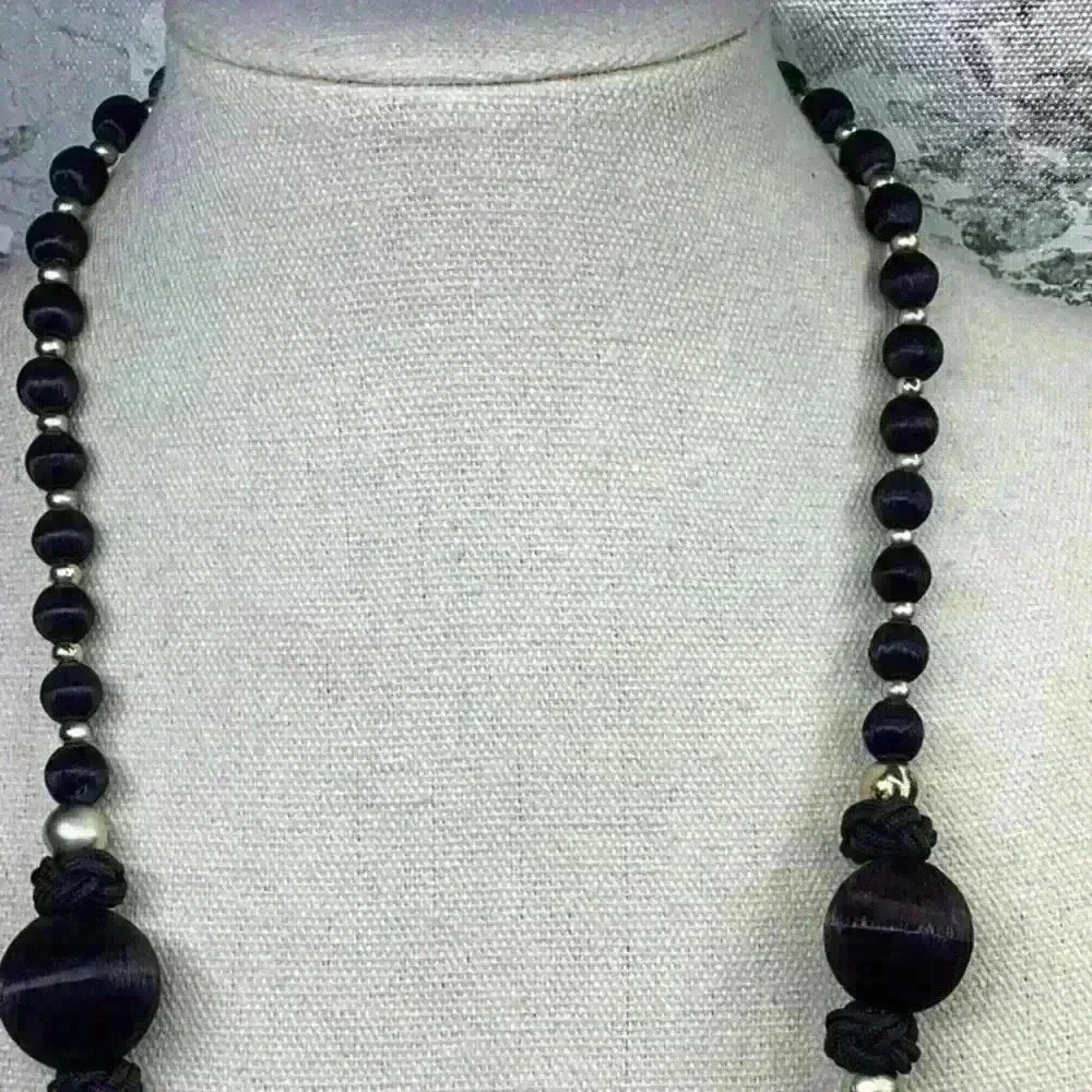 Black Silk Covered and Gold Beaded Necklace Vintage